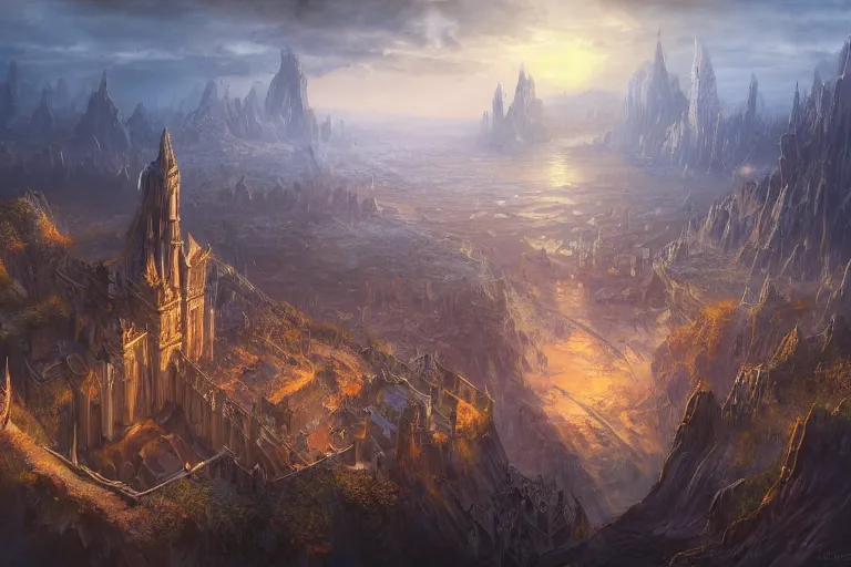 Image similar to high aerial shot, fantasy landscape, sunset lighting ominous shadows, cinematic fantasy painting, dungeons and dragons, a port city with an elvish fortress inspired by the syndey opera house by jessica rossier and brian froud and hr giger