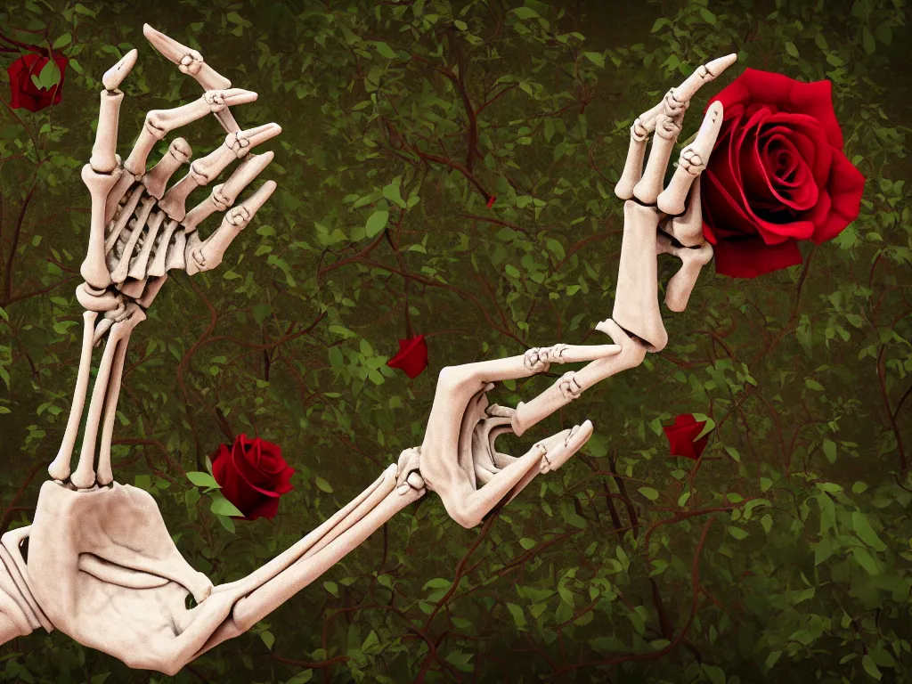 Prompt: a skeleton hand reaching out of the ground, roses and vines sprouting and wrapping around the hand, kintsugi, ornamented diaphanous jewelry, forest in background, 4k, trending on artstation, photorealistic, volumetric lighting, octane render,