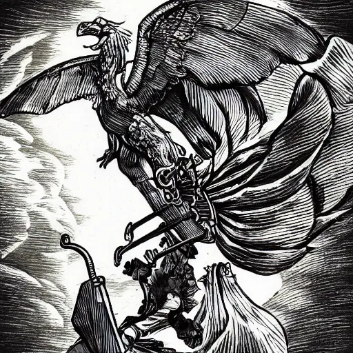 Prompt: precisely drawn illustration of anime flying griffon, old-fashioned tarot card, victorian playing card, sepia tone, wide angle, sharp, fine details, anime, manga, cyberpunk, intense line art, 8k, precise linework, realistic, shaded lighting by katsuhiro otomo ghost-in-the-shell, magali villeneuve, artgerm, rutkowski Jeremy Lipkin and Giuseppe Dangelico Pino and Michael Garmash and Rob Rey