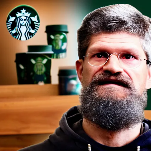 Image similar to ted kaczynski working at starbucks, 4 k, hyper realistic, dslr, landscape, high resolution