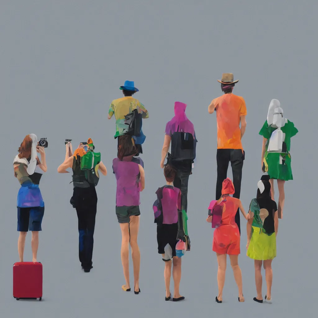 Image similar to full body portrait of a trio of european tourists with nikon cameras, rear views, character designs painting, in the style of wes anderson, rene magritte, lola dupre, david hockney, isolated on white background, dark monochrome neon spraypaint accents volumetric octane render