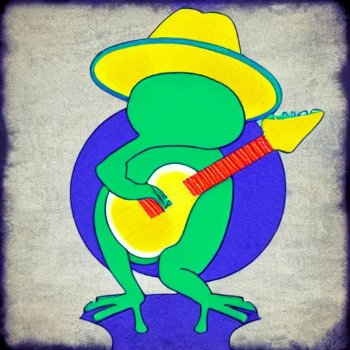 Image similar to cute frog playing on guitar, digital art, sombrero, blue background