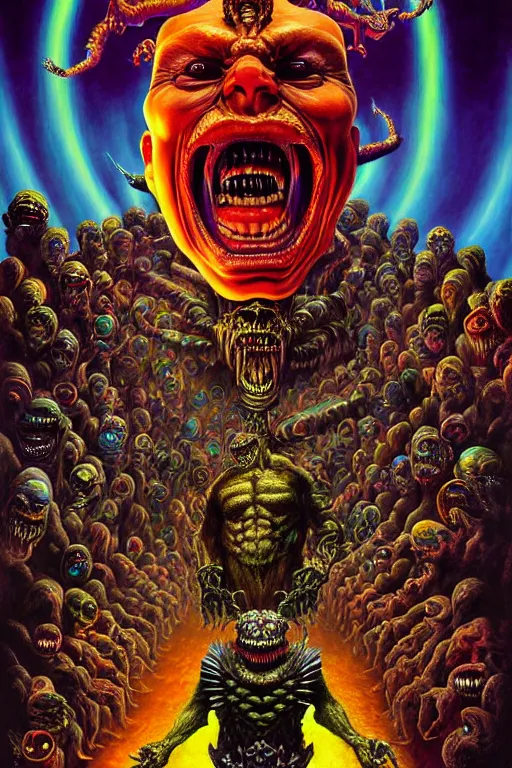 Image similar to a hyperrealistic painting of an epic boss fight against an ornate supreme dark overlord, cinematic horror by chris cunningham, lisa frank, richard corben, highly detailed, vivid color,