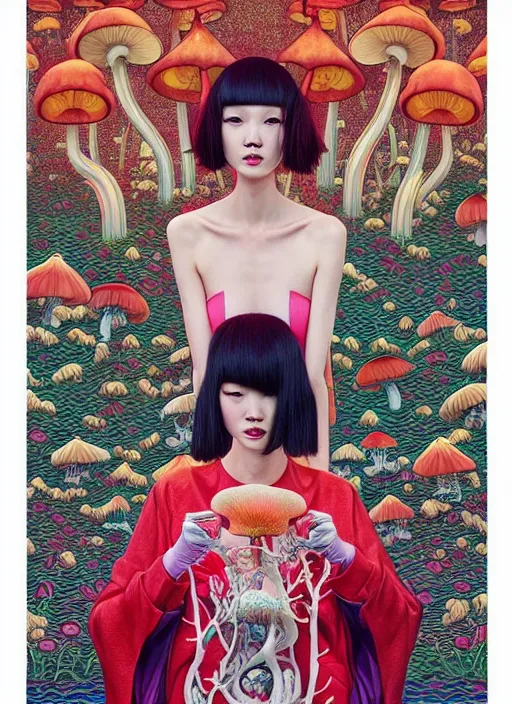 Image similar to pretty chinese model with hallucination mushroom : : by martine johanna and simon stalenhag and chie yoshii and casey weldon and wlop : : ornate, dynamic, particulate, rich colors, intricate, elegant, highly detailed, vogue, harper's bazaar art, fashion magazine, smooth, sharp focus,