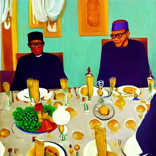 Prompt: president muhammadu buhari sitted at a lavish banquet with a large bastion of chicken minimalist solid background the great feast regal ornamental in the style of edward hooper and henri matisse oil painting