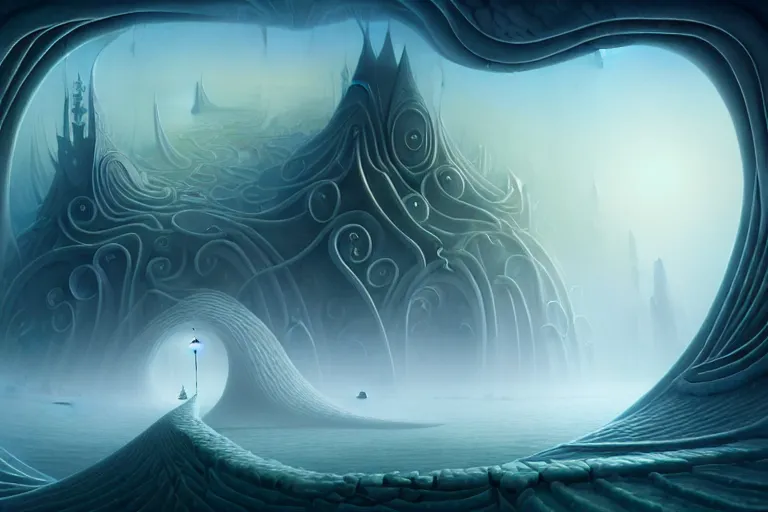 Prompt: an epic elegant mysterious beguiling masterpiece fantasy matte painting of an impossible path winding through arctic dream worlds with surreal architecture designed by heironymous bosch, structures inspired by heironymous bosch's garden of earthly delights, surreal ice interiors by cyril rolando and asher durand and natalie shau, insanely detailed, whimsical, intricate, sharp focus, elite