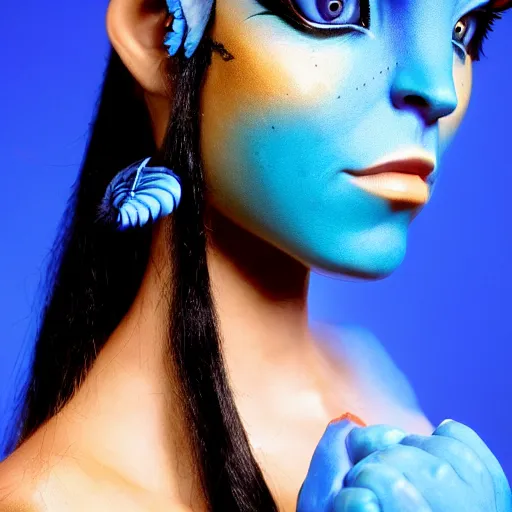 Image similar to close up headshot of a female navi from Avatar, blue skin, cosplay, photoshoot, studio lighting, photograpy by Bruce Weber