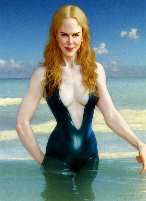 Image similar to portrait Nicole Kidman as sea lifeguard on the beach, full length shot, shining, 8k highly detailed, sharp focus, illustration, art by artgerm, mucha, bouguereau