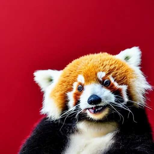 Image similar to portrait photo of a small happy chunky fluffy straw hat wearing red panda, looking into the camera, indoors, f 1. 4, golden ratio, overcast day