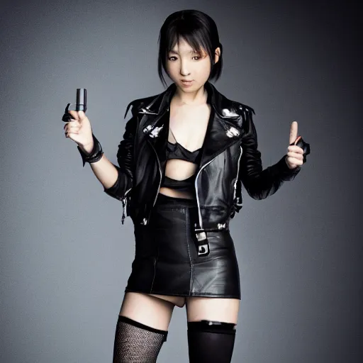 Image similar to a dynamic, epic cinematic 8K HD movie shot of a japanese beautiful cute young J-Pop idol actress yakuza rock star girl wearing leather jacket, miniskirt, nylon tights, high heels boots, gloves and jewelry. Motion, VFX, Inspirational arthouse, at Behance, with Instagram filters