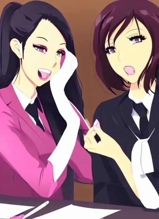 Prompt: two beautiful office ladies talking at work, gorgeous faces, thick lines, cinematic lighting, detailed anime art