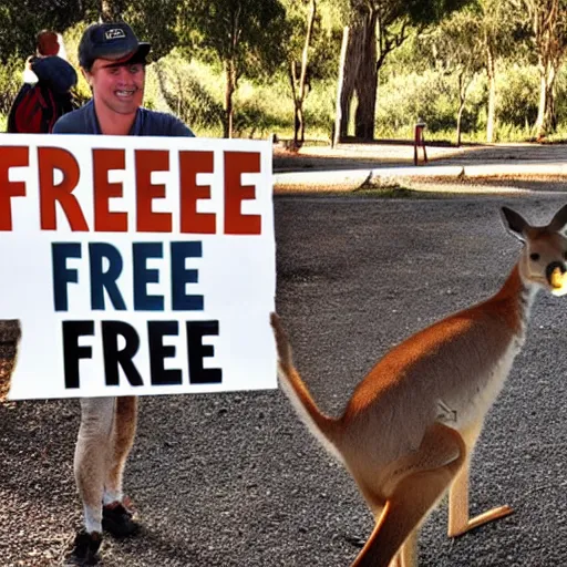 Prompt: < photo hd legible > a kangaroo holding a sign that says'free ross'< / photo >