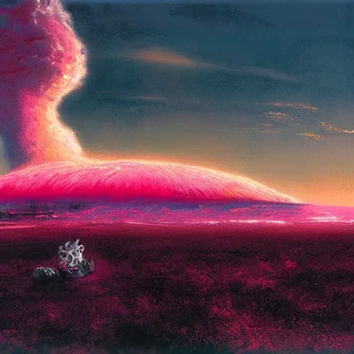 Image similar to a beautiful nuclear explosion, landscape, pink clouds illuminated by the nuclear bomb, featuring a skeleton, by craig mullins
