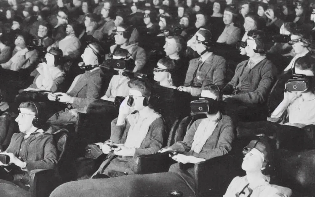 Image similar to 1 9 0 0 s photo of people using iphones ipods virtual reality headsets vr watching hd tv in a movie theater