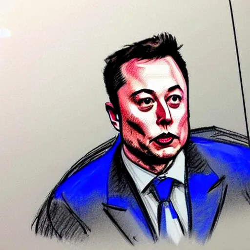 Image similar to courtroom sketches from the elon musk v twitter trial, the judge is a bluebird