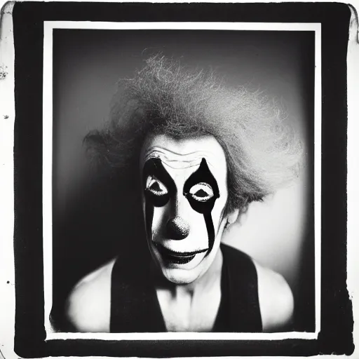 Image similar to portrait of clown by Diane Arbus, 50mm, black and white