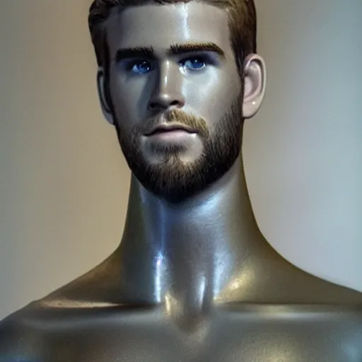 Image similar to “ a realistic detailed photo of a guy who is an attractive humanoid who is half robot and half humanoid, who is a male android, actor liam hemsworth, shiny skin, posing like a statue, blank stare, at the museum, on display ”