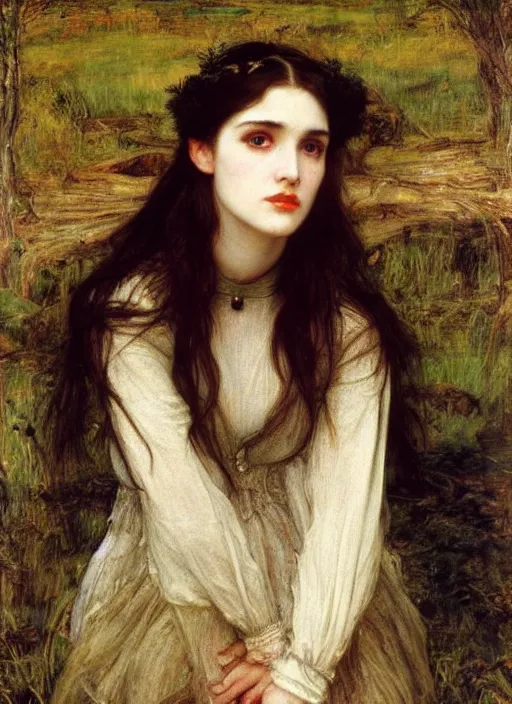 Image similar to a beautiful painting of young winona ryder by John Everett Millais and Dante Gabriel Rossetti and John Collier and john william waterhouse, pre-raphaelite, detailed, trending on artstation, hd, masterpiece