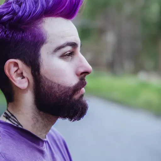 Prompt: a portrait of a queer man with purple hair, 4k, photorealistic, shallow depth of field