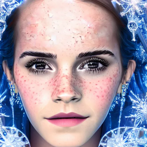Image similar to portrait shot, emma watson as the queen of ice, ice crystal armor, snow falling, 4 k, digital art, trending on art station, hd, doll, colorful backdrop, film grain, gritty, high res, high detail, 8 k, render