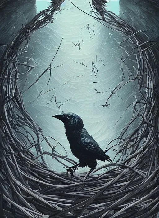 Image similar to crows nest like a head wreath, cruelty, black crows, light effect, hyper detailed, intricate, elegant, highly detailed, digital painting, artstation, concept art, matte, sharp focus, illustration, by dan mumford, yusuke murata, makoto shinkai, ross tran