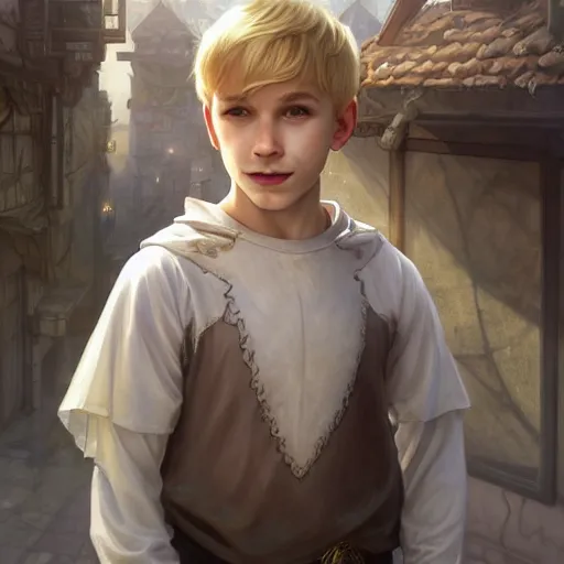 Image similar to portrait of a young boy wearing plain looking fantasy thief clothing in the slums of a fantasy city, blonde hair, d & d, fantasy, joyful smirk, intricate, elegant, highly detailed, digital painting, artstation, concept art, matte, sharp focus, illustration, art by artgerm and greg rutkowski and alphonse mucha