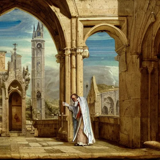 Prompt: priest operating a drone inside a cloister, in the style of samuel prout, highly detailed, elegant, intrincate, colorful, vivid, realist style, hyperdetailed, 4 k resolution, matte painting