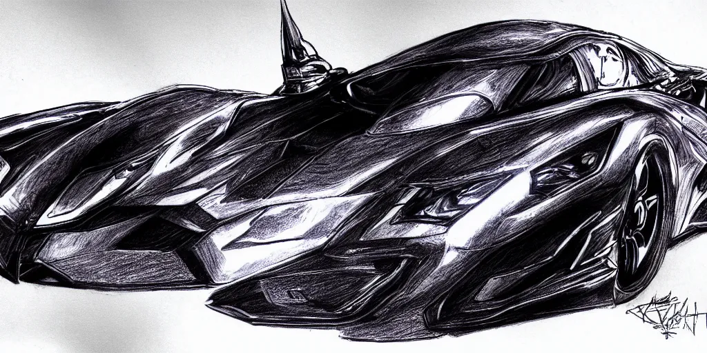 Image similar to ballpoint pen drawing of the batmobile, batman, arkham knight