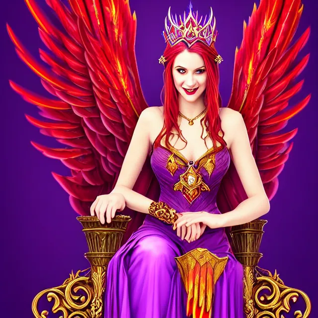 Image similar to Princess sorceress with red flaming bird wings on her back and sitting on an ornate throne dressed in a fancy long purple dress, beautiful realistic symmetrical defined face, grinning, Fantasy, Full Portrait, High detail, realistic, planeswalker