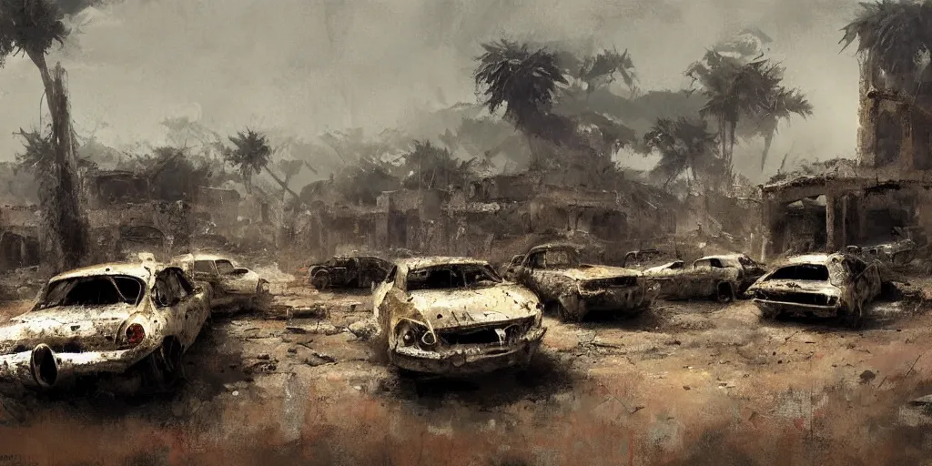 Prompt: graveyard of cars that looks like a ruin in an African landscape, lowlight, moody atmosphere, Craig Mullins style,