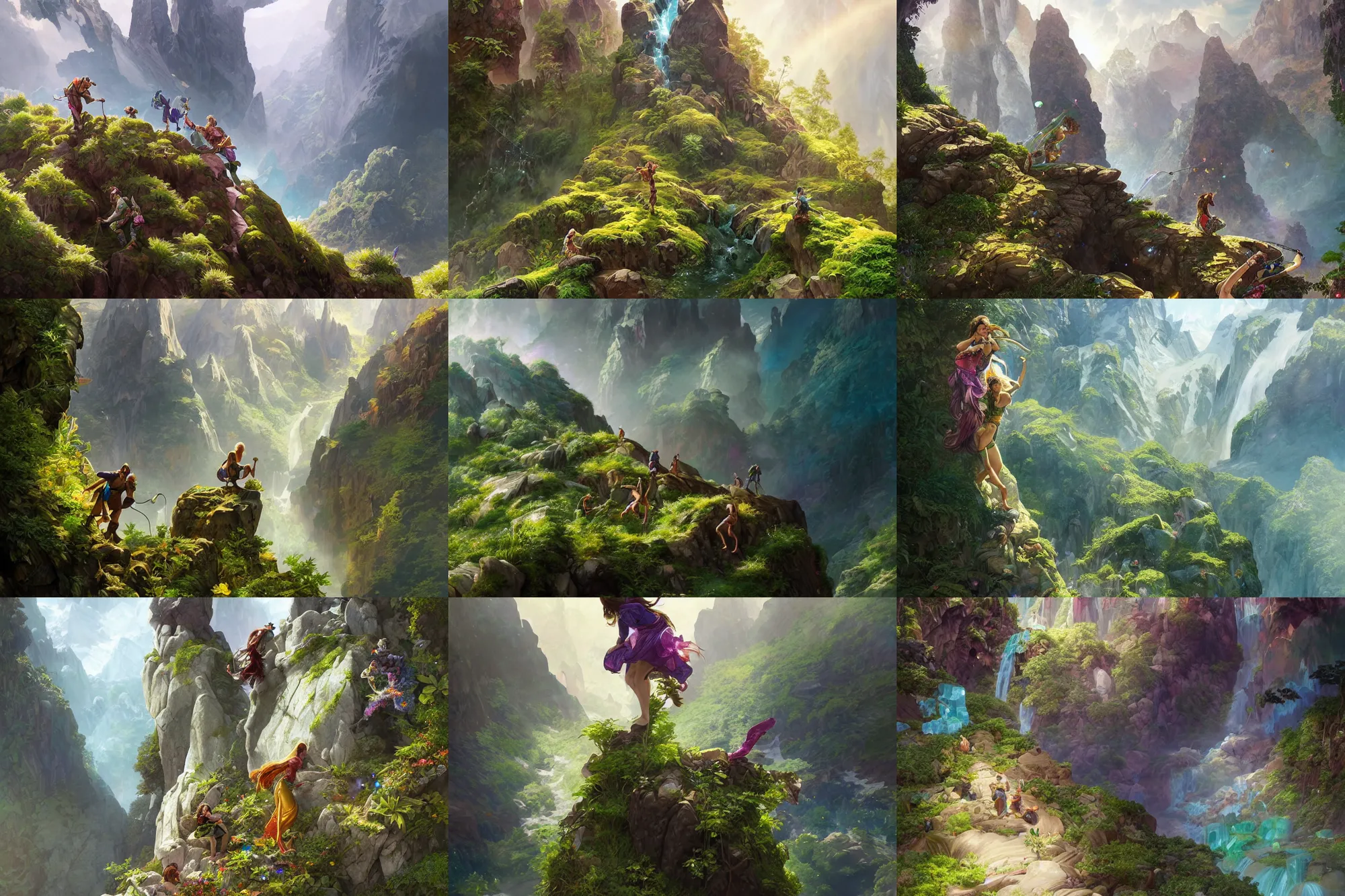 Prompt: adventurers climbing a rocky mountain made of rainbow gemstones and crystal and glass, refraction and reflection, iridescent, verdant and lush and overgrown, fantasy, intricate, elegant, highly detailed, digital painting, artstation, concept art, matte, sharp focus, illustration, hearthstone, art by artgerm and greg rutkowski and alphonse mucha