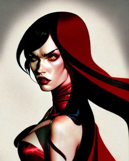 Image similar to artgerm, joshua middleton comic cover art, full body pretty megan fox vampire sharp teeth, red dress, symmetrical eyes, symmetrical face, long curly black hair, dark castle background background, cinematic lighting