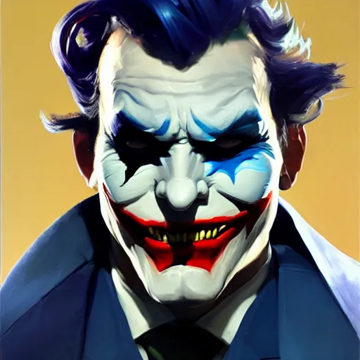 Image similar to Greg Manchess portrait painting of Joker as Overwatch character, medium shot, asymmetrical, profile picture, Organic Painting, sunny day, Matte Painting, bold shapes, hard edges, street art, trending on artstation, by Huang Guangjian and Gil Elvgren and Sachin Teng