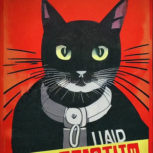 Image similar to cat on a communist propaganda poster, highly detailed, fear inducing, vintage