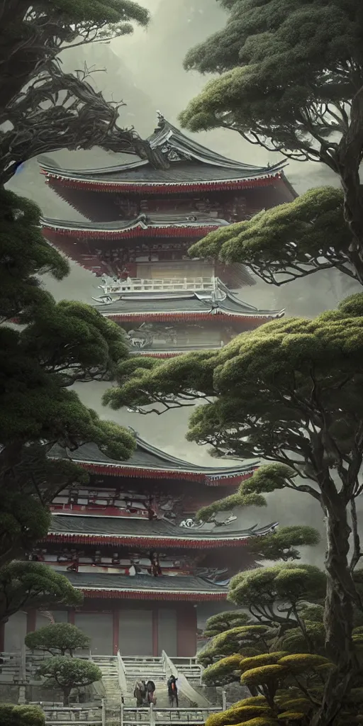 Image similar to japanese style palace under attack, hyper realistic, lush gnarly plants, 8 k, denoised, by greg rutkowski, tom bagshaw, james gurney cozy atmospheric and cinematic lightingg