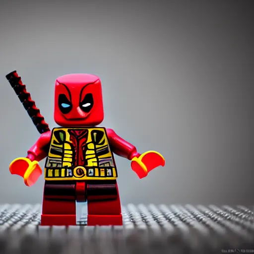 Prompt: deadpool as lego character, bokeh, photo, hyperrealistic, detailed textures and soft studio lighting, striking a cinematic pose, lego background, duplo, lego movie, octane render, 8 k soft shadows, sharp focus, extreme detail, hyper realistic, award winning photo