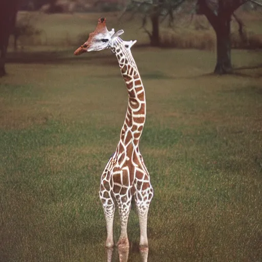 Image similar to a portra 800 photograph of a hybrid between a giraffe and a swan