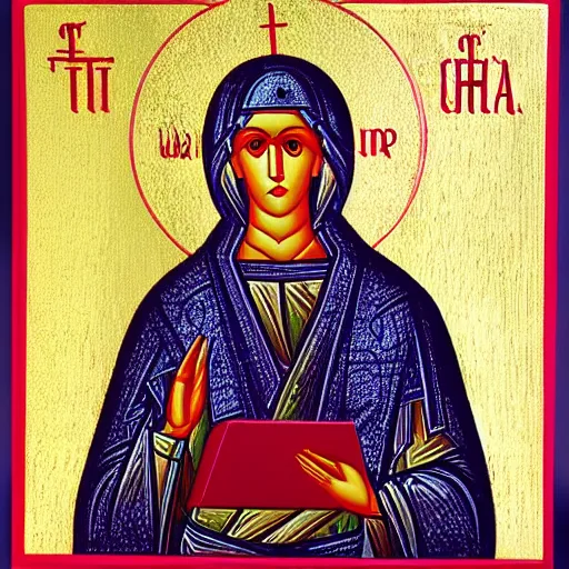 Image similar to an orthodox christian icon of a girl saint with a computer!