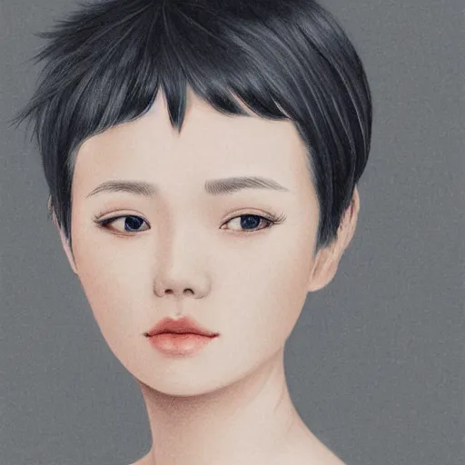 Prompt: portrait of a woman with short white hair, medium shot, illustration, highly detailed, high quality, by chen xiang