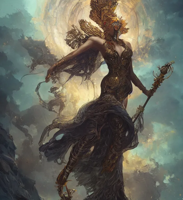 Image similar to full body illustration of a goddess, tarot card, dark souls colour scheme, establishing shot, coherent, high detailed, kerem beyit, Karol Bak, peter mohrbacher featured on artstation