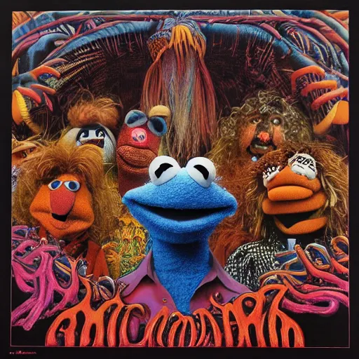 Image similar to animal the muppet on tool album cover, 8 k resolution hyperdetailed scary dystopian surrealism style of alex grey