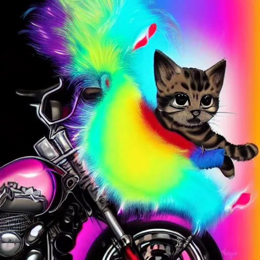 Image similar to wide angle full body, jacket wearing fluffy cute rainbow kitten wearing a black leather motorcycle jacket, riding on a motorcycle, cinematic concept art