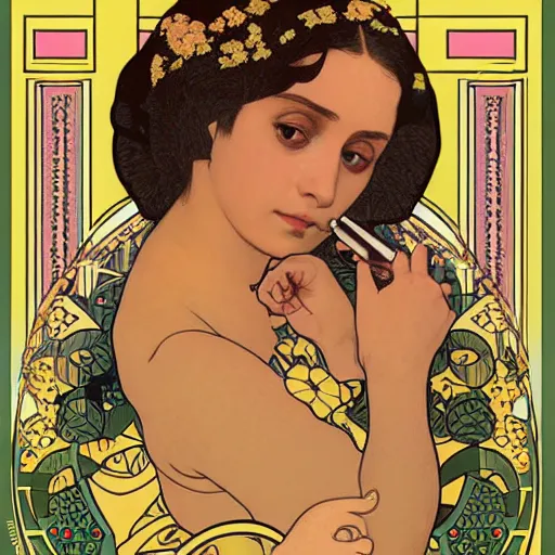 Prompt: vector illustration of a over tanned instagram influenza girl, siliconized, too much plastic surgery, doing a make up tutorial, artstation, smooth, sharp focus, art by gustav klimt - alphonse mucha - adolphe bouguereau