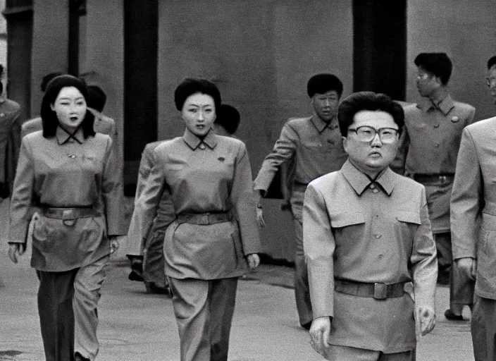 Prompt: kim jong - il clone army walking in 1 9 6 0 s pyongyang, epic thriller in the style of ghost in the shell by mamoru oshii, blur very realistic movie still, backlighting