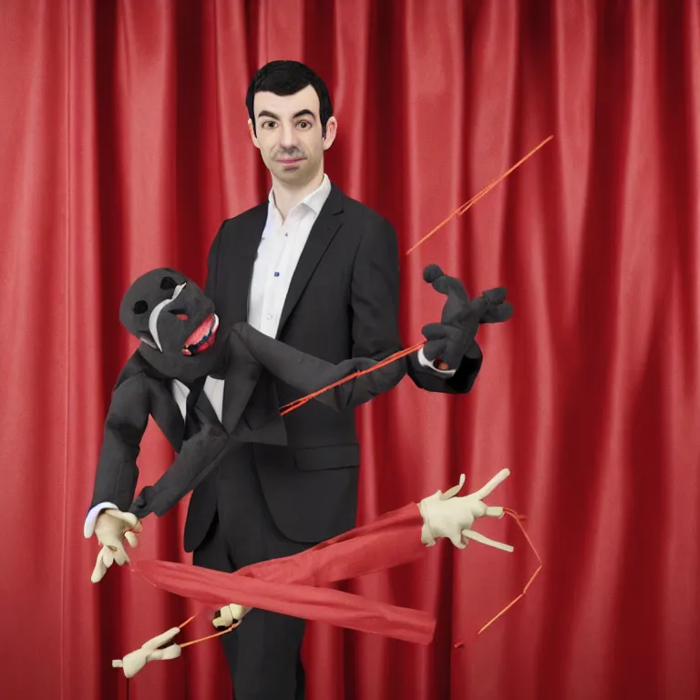 Image similar to dslr photograph of nathan fielder from nathan for you behind a puppet stage with a red curtain controlling a single marionette by the strings, high detail, 8 k, photorealism, sharp focus, volumetric lighting