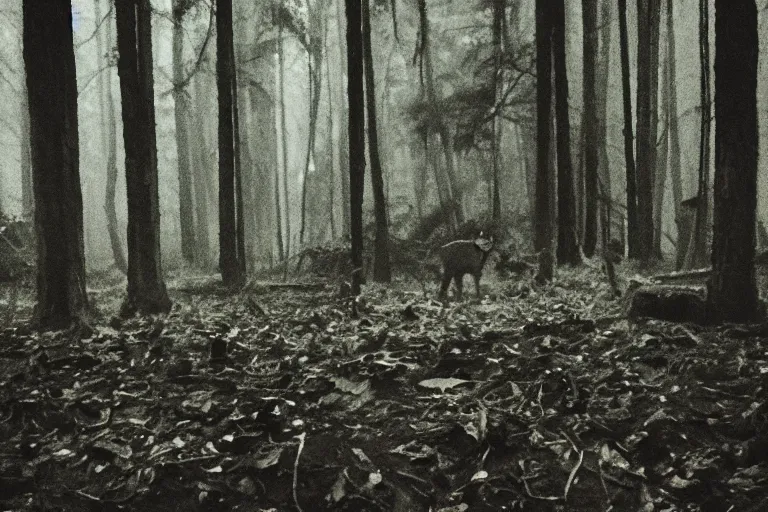 Image similar to terrible dark forest in the depths of which there is a thick butcher in a dirty shirt, chopping meat on a wooden stump, filmed hidden on a phone camera, Cinematic, wildlife photography, 35mm, photo on iphone