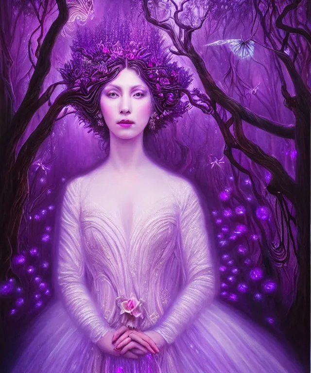 Image similar to ultra detailed, magical realism, portrait painting, of the beautiful empress within the enchanted purple forest, glowing purple, volumetric lighting, illusion, intricate details, by whitney sherman.