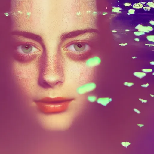 Image similar to portrait of a beautiful girl + kaya scodelario, floating under the deep dream water, beautiful smooth soft light + white petal, by personal photography, art by brookskim, closeup, 4 k, highly detailed, instagram,