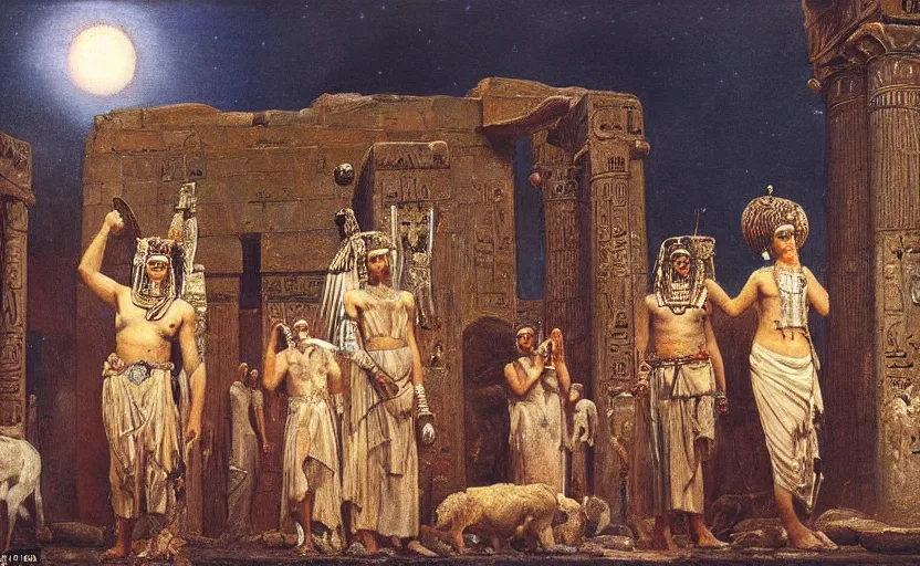 Image similar to a beautiful oil - painting by alma tadema of egyptian gods with animal heads, having a ceremony in a moonlit temple in karnak