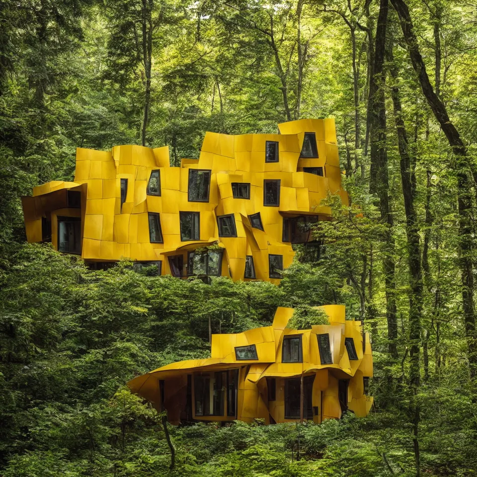 Prompt: a small flat house in the forest, designed by Frank Gehry. Big Tiles. Film grain, cinematic, yellow hue